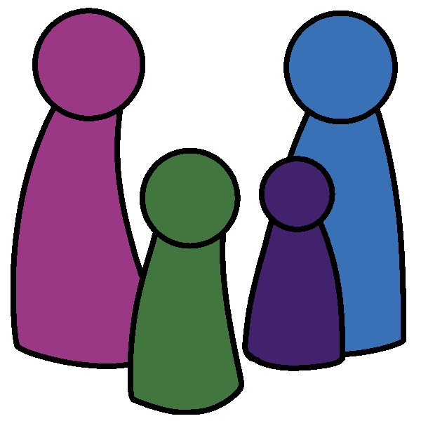 A group of four people standing together, with two tall and two short people.